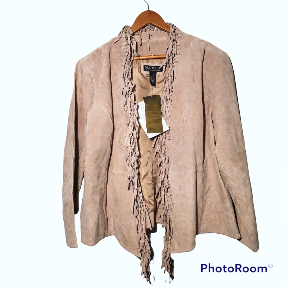 NWT Dialogue Plus Size 100% Leather Jacket with Fringe Light Tan Size 2x
